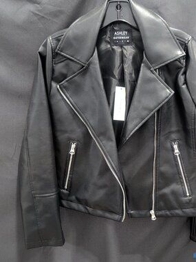 Ashley International Outerwear Black Faux Leather Moto Jacket, Women's Small